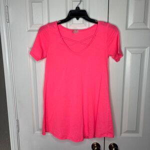 Now N Forever Small Neon Pink Criss Cross V Neck Short Sleeve Top